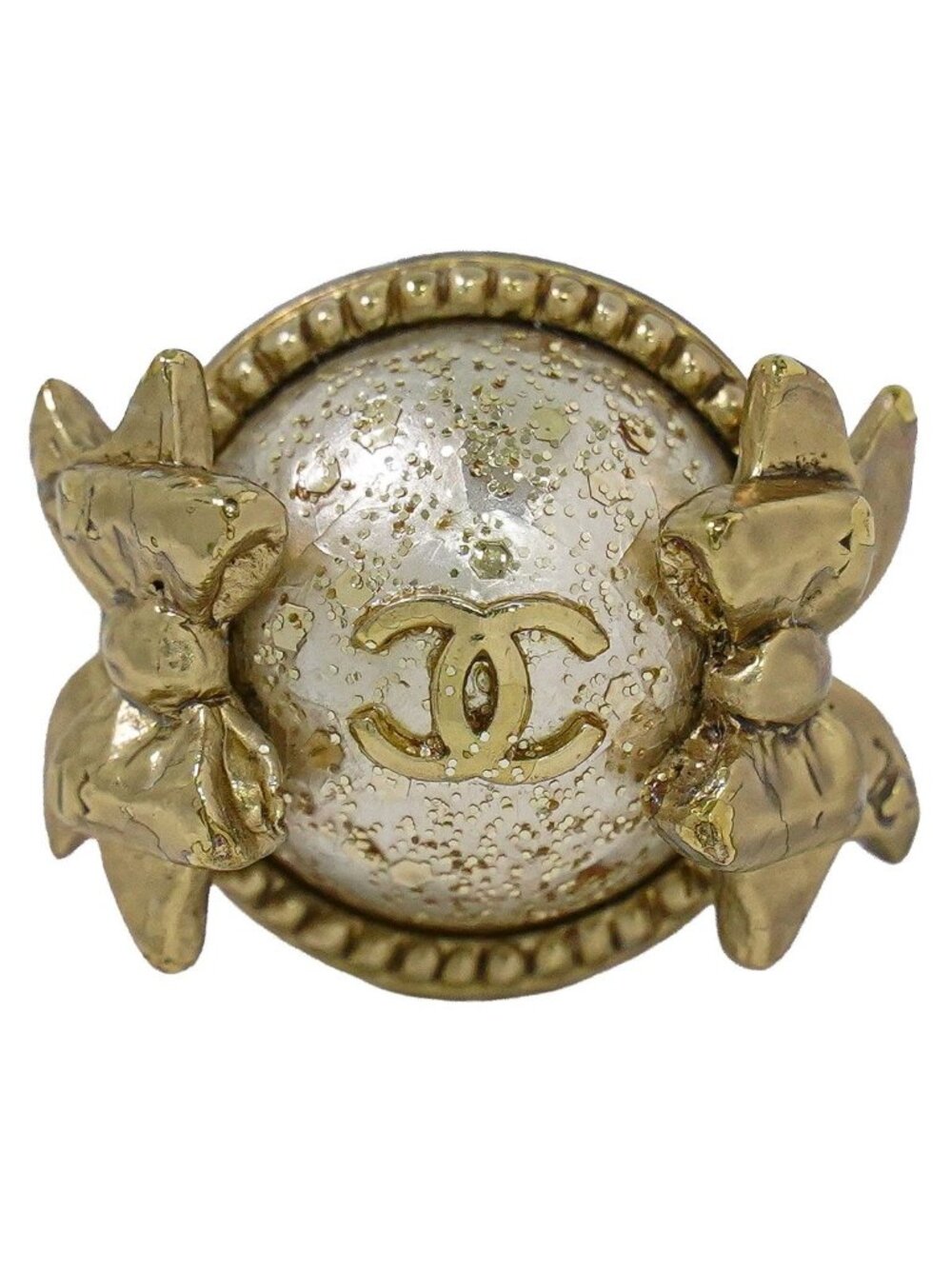Chanel CC Logo Faux Pearl Ribbon Ring Gold Plated White